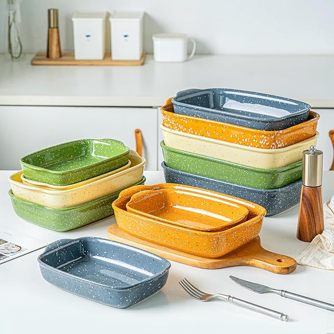 Casserole Dish Set of 3,Ceramic Bakeware for Oven,Rectangular Baking Dishes with Handles,High Heat