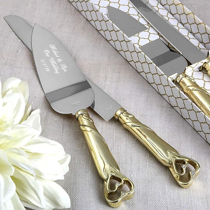 GIFTS INFINITY® Personalized Gold Interlock Hearts Wedding Cake Knife and Server Set Free Engraving