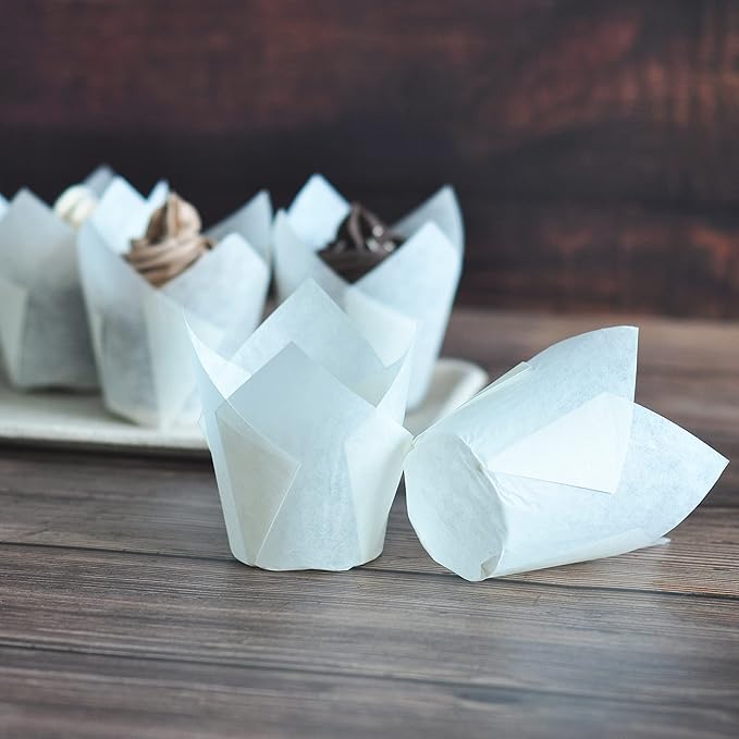 Large size White+Brown Tulip Baking Cups 2-1/4"(Base diameter) x 4"(Wall height) Greaseproof paper