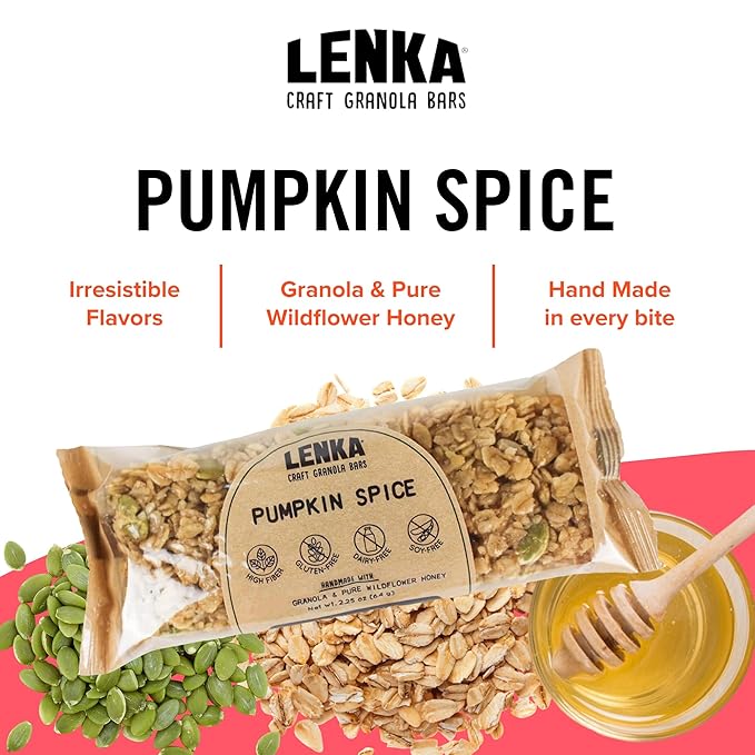 Lenka Bars - Pumpkin Spice Snack Bars, Gluten Free, High Fiber, Kosher, Wholesome, No Artificial
