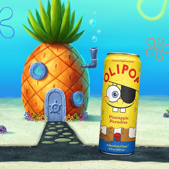 OLIPOP Prebiotic Soda Pop, SpongeBob Pineapple Paradise, Pantry Pack Packed with Prebiotics, Fiber