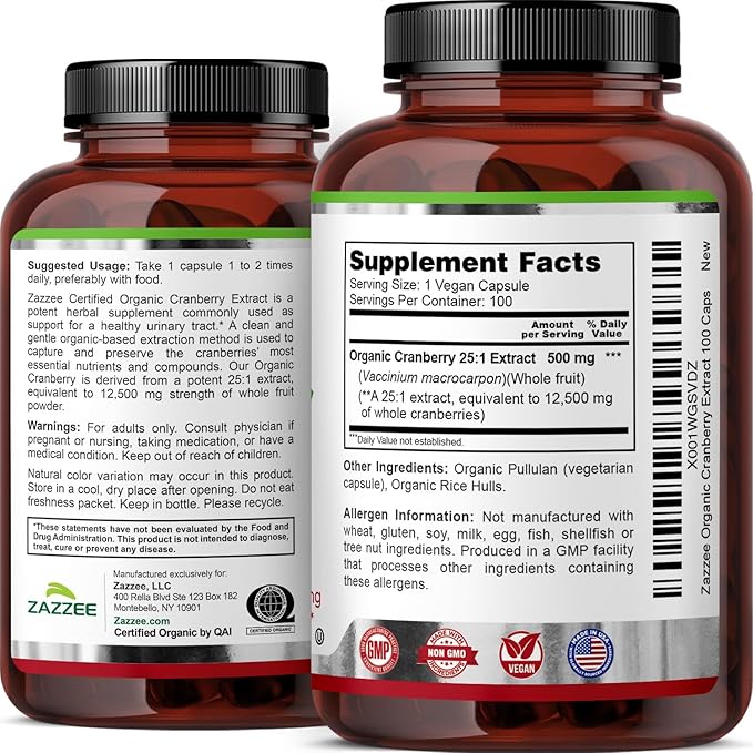 Zazzee USDA Organic Cranberry 25:1 Extract, 500 mg per Capsule, 100 Vegan Capsules, Over 3 Month
