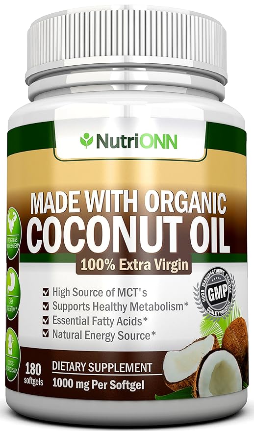 ORGANIC COCONUT OIL Capsules - 180 Softgels - 4000 MG Daily - Cold-Pressed Extra Virgin Coconut Oil