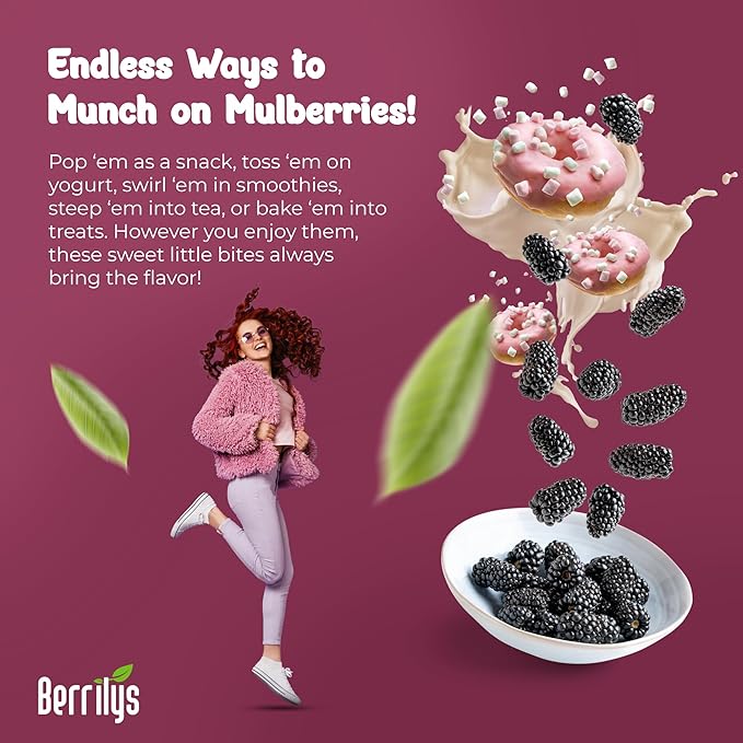 Berrilys Organic Dried Mulberries, Black, Dried Mulberry, Non-GMO, Unsulfured, Raw, 10 oz, Healthy