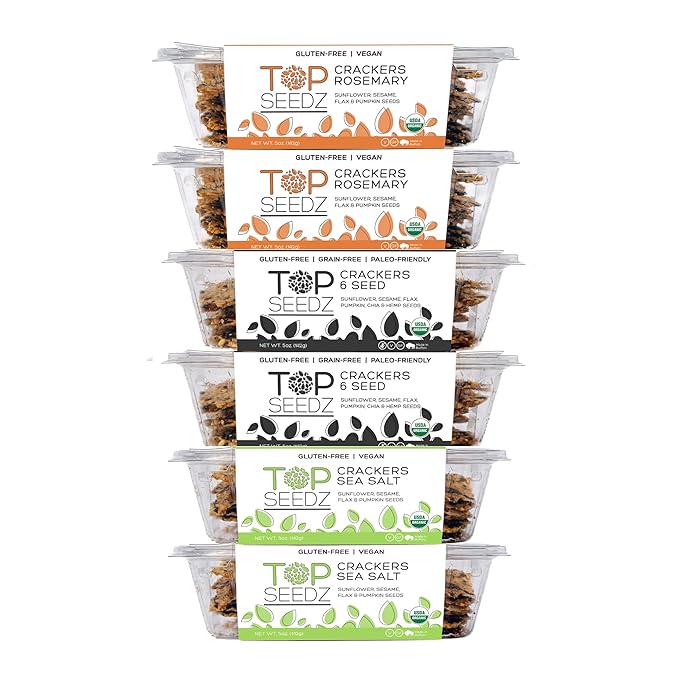 Top Seedz Certified Organic Gluten Free Sea Salt, Rosemary, & 6 Seed Crackers | 6-Pack | 5 Ounces |