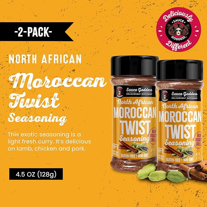 Sauce Goddess Moroccan Twist Spice Shaker (2-Pack) - Exotic Blend of Cardamom, Cinnamon, and More.