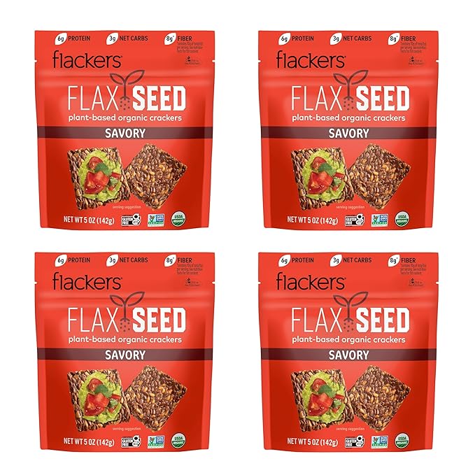 Flackers Organic Savory Flaxseed Crackers, 5 Ounce 4-Pack, Gluten Free, Non GMO, Vegan, Keto Snack