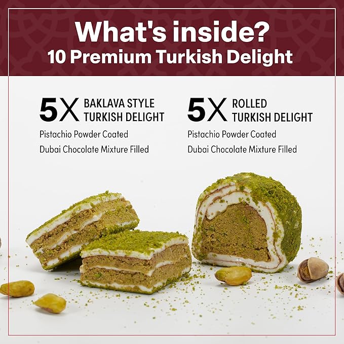 Eastanbul Premium Turkish Delight with Dubai Chocolate Filling, 8.8oz, Turkish Delights Pistachio