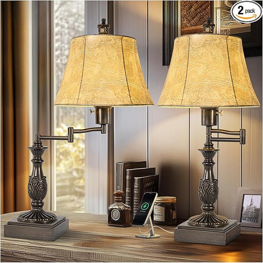 23.5" Rustic Traditional 350° Adjustable Swing Arm Table Lamp Set of 2 with USB A+C Ports Brown