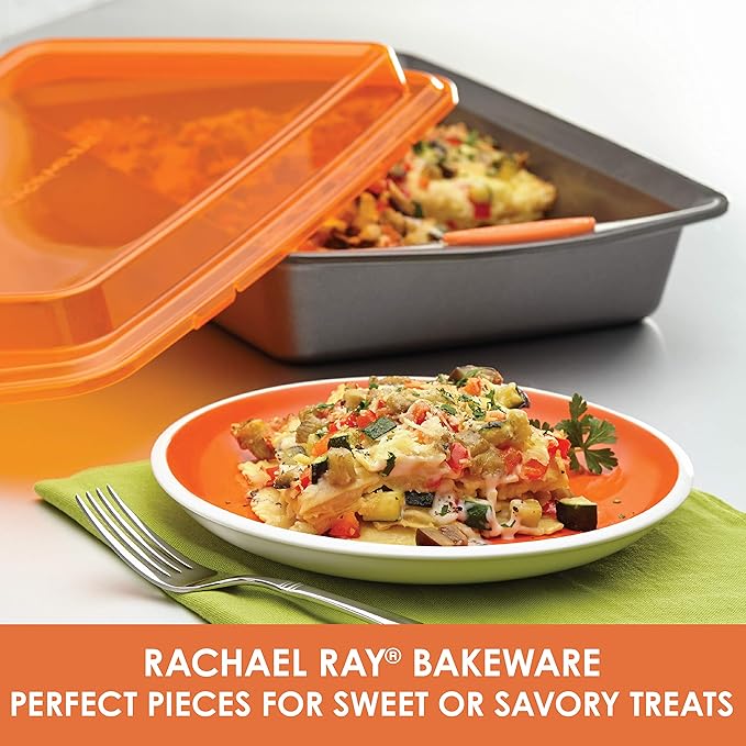 Rachael Ray Bakeware, Nonstick Baking / Cake Pan With Lid and Grips, Rectangle - 9 Inch x 13 Inch