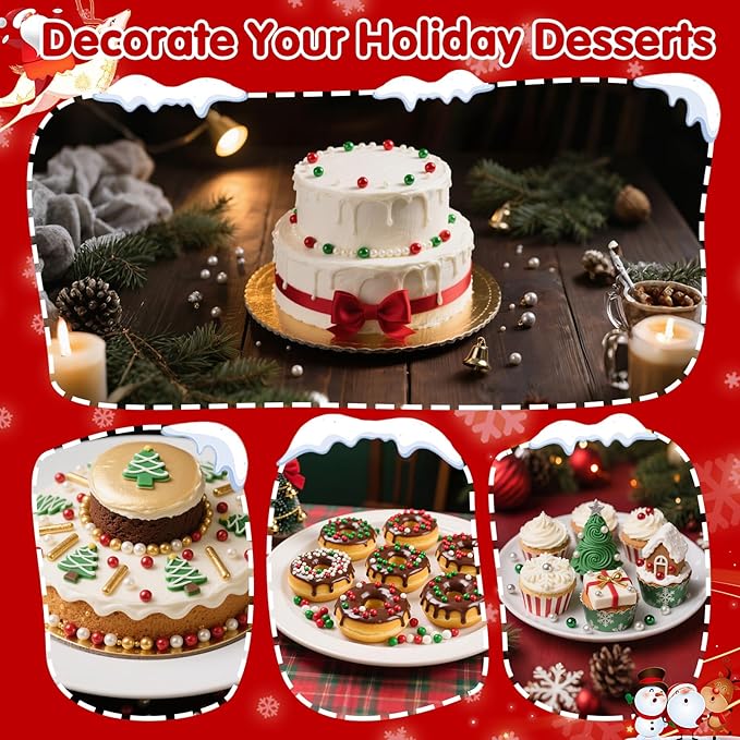 Christmas Sprinkles Pearls for Cake Decorating,130g Red Green White and Silver Pearl Mixed,Edible