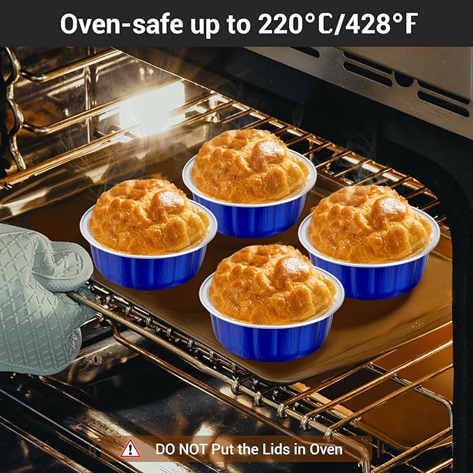 EUSOAR Aluminum Pans with Lids, 50pcs 9oz Dark Blue Disposable Ramekins with Lids, Cake Transport