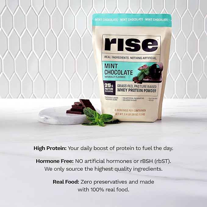 Rise Grass-Fed Whey Protein Powder - Mint Chocolate | 25g Protein No Artificial Flavors, Colors, or