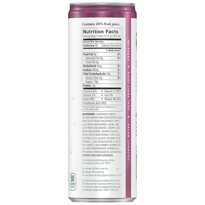 Starbucks - RTD Coffee, Refreshers with Coconut Water, Black Cherry Limeade, 12 fl oz. cans (12