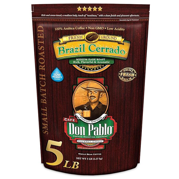 5LB Don Pablo Gourmet Coffee - Brazil Cerrado - Medium Dark Roast - Whole Bean Coffee - 100%
