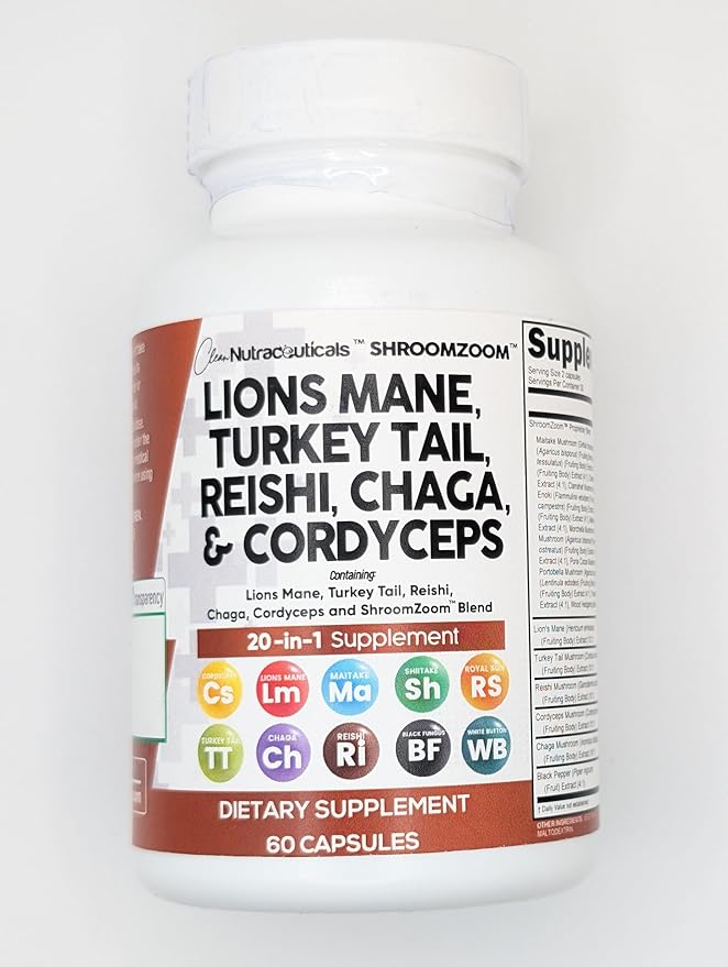 Clean Nutraceuticals Lions Mane 20in1 Mushroom Supplement with Turkey Tail Reishi Cordyceps Chaga