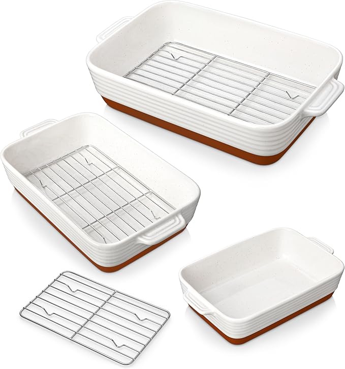 MALACASA Casserole Dishes for Oven with Roasting Racks, Ceramic Baking Dishes Set of 3, Baking Pan