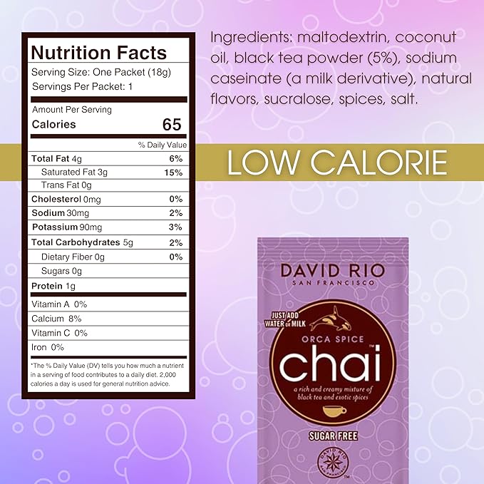 Orca Spice Reduced Calorie Chai Tea Latte Mix, .63 Oz (Pack of 48), Single Serve Packets, Black