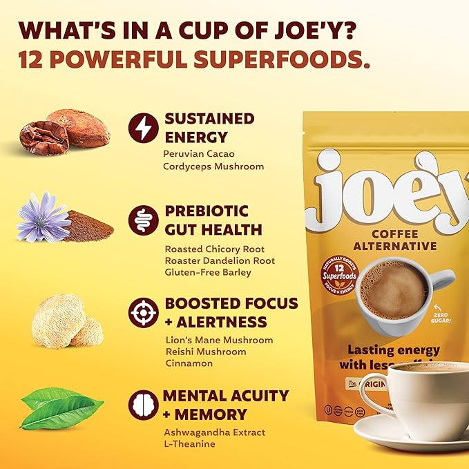 Joe'y Mushroom Coffee Alternative with Cacao and Dandelion Root, Chicory Coffee Substitute with