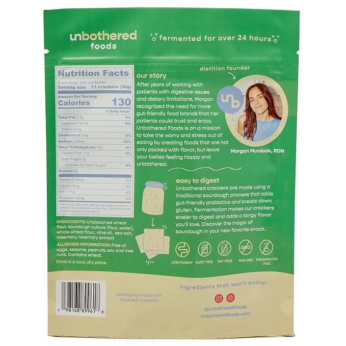 Unbothered Foods Rosemary & Sea Salt Sourdough Crackers - Gut-Friendly & Easy to Digest, Non-GMO