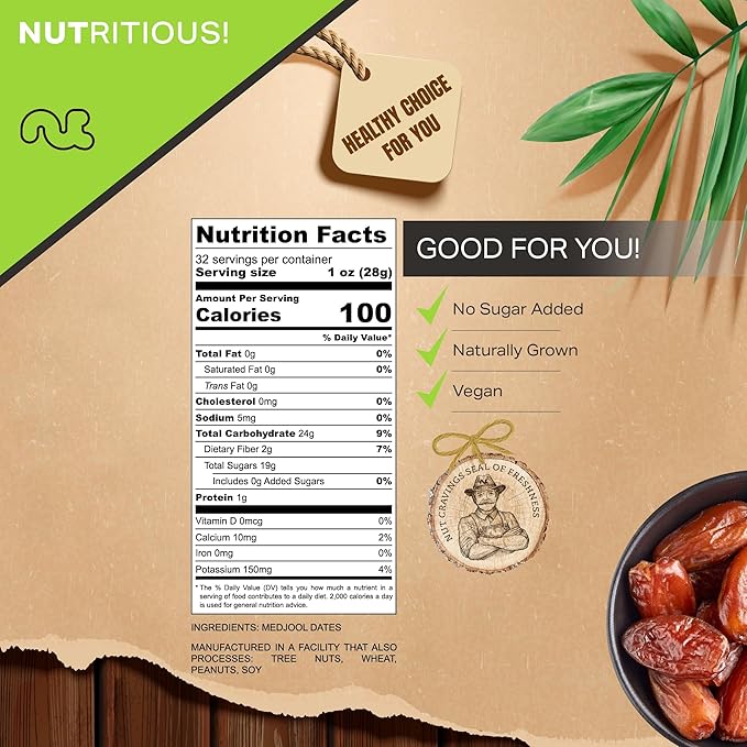 NUT CRAVINGS - Sun Dried Jumbo Medjool Dates, No Sugar Added, Unsulphured (32oz, 2 LB) Bulk Dry
