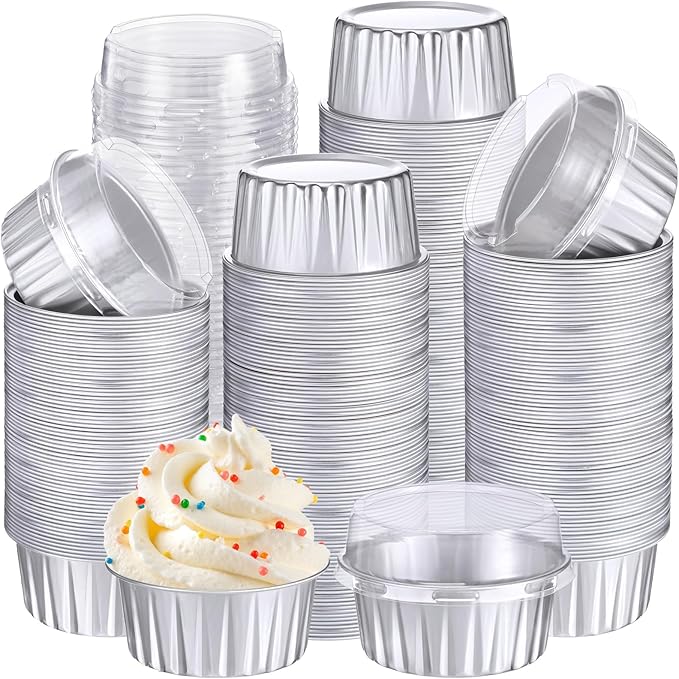 Gejoy 400 Pcs Aluminum Foil Baking Cups with Lids 5 oz Disposable Ramekins Mini Cake Pans Creme