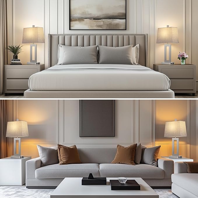 Touch Control Table Lamp Set of 2, Modern Silver Bedside Lamps with USB C+A Ports & AC Outlet, 3