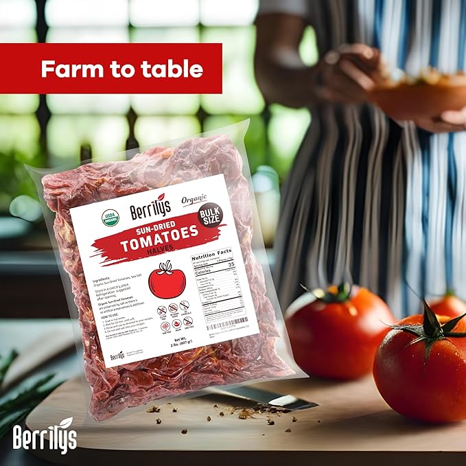 Sun-Dried Tomatoes, 2 LBS, USDA Organic, Berrilys, No Sulfur, No Preservatives, Seasalt is used as