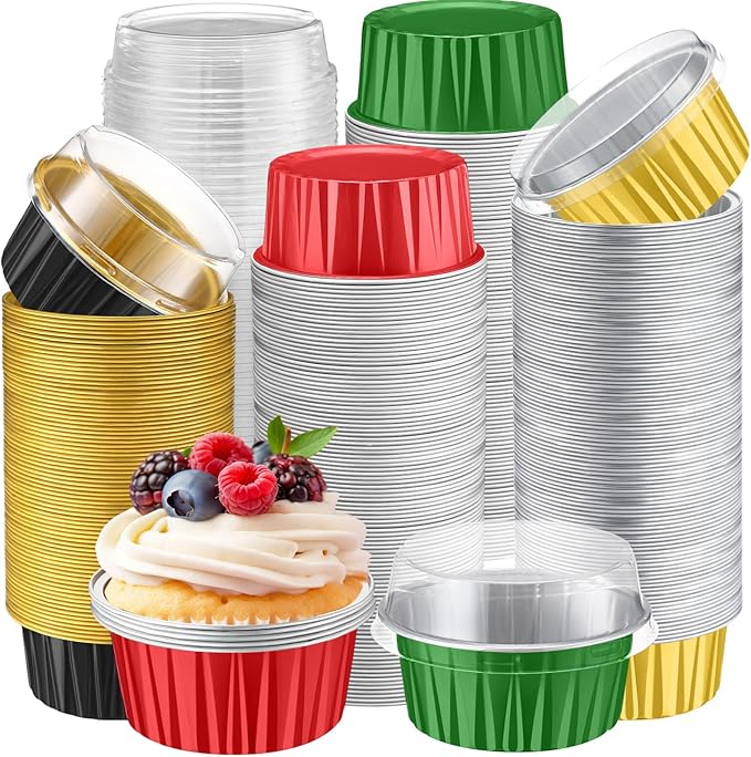 Gejoy 400 Pcs Aluminum Foil Baking Cups with Lids 5 oz Disposable Ramekins Mini Cake Pans Creme