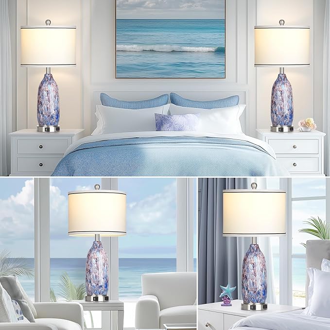 Coastal Lamps with USB A+C Ports & LED Night Light, Unique Seashells Glass Table Lamps with Natural