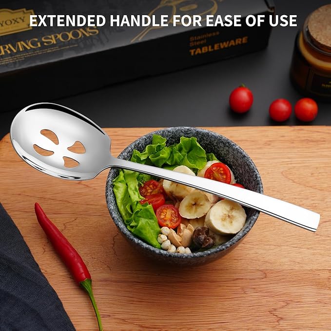 4 Piece Stainless Steel Serving Spoons Set - 2 Large, 2 Slotted, 9.2-Inch, Dishwasher Safe, for