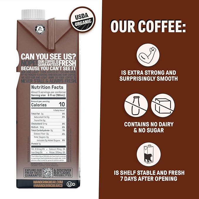 Wandering Bear Espresso Roast Organic Cold Brew Coffee, 32 fl oz, 6 pack - Extra Strong, Bold