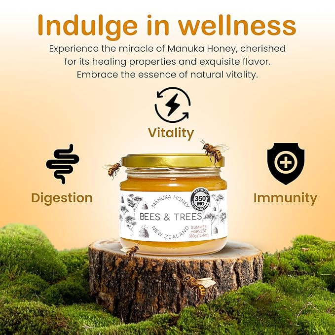Bees & Trees Manuka Honey 350+ MGO – Pure New Zealand Raw Monofloral Honey – Unpasteurized &