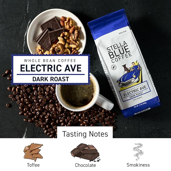 Stella Blue Whole Bean Coffee, Electric Avenue Blend, Dark Roast, Toffee, Dark Chocolate & Subtle