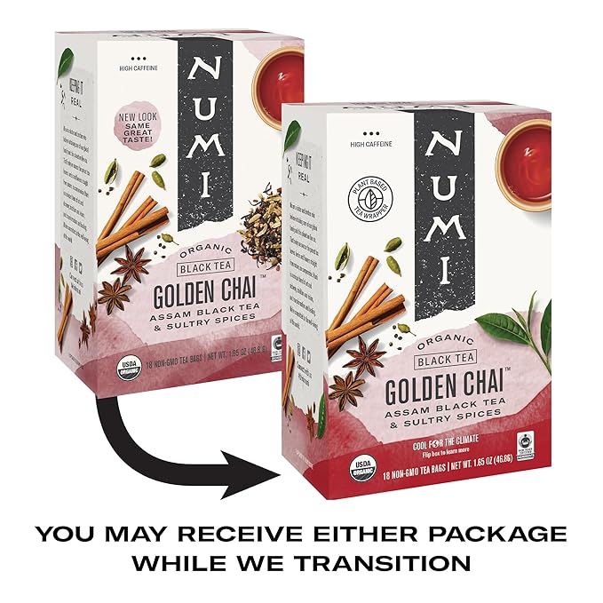 Numi Organic Golden Chai Tea, 18 Tea Bags, Assam Black Tea, Cardamom, Ginger & Anise (Packaging May