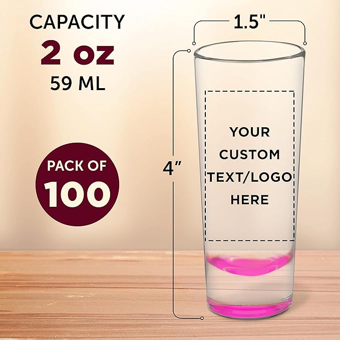 Custom Cordial Shooter Shot Glasses 2 oz. Set of 100, Personalized Bulk Pack - Great for Birthdays