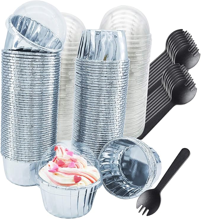 Foil Cupcake Liners with Lids 100Pack,Free-Air 3.5Oz Foil Baking Cups Mini Muffin Liners,Disposable
