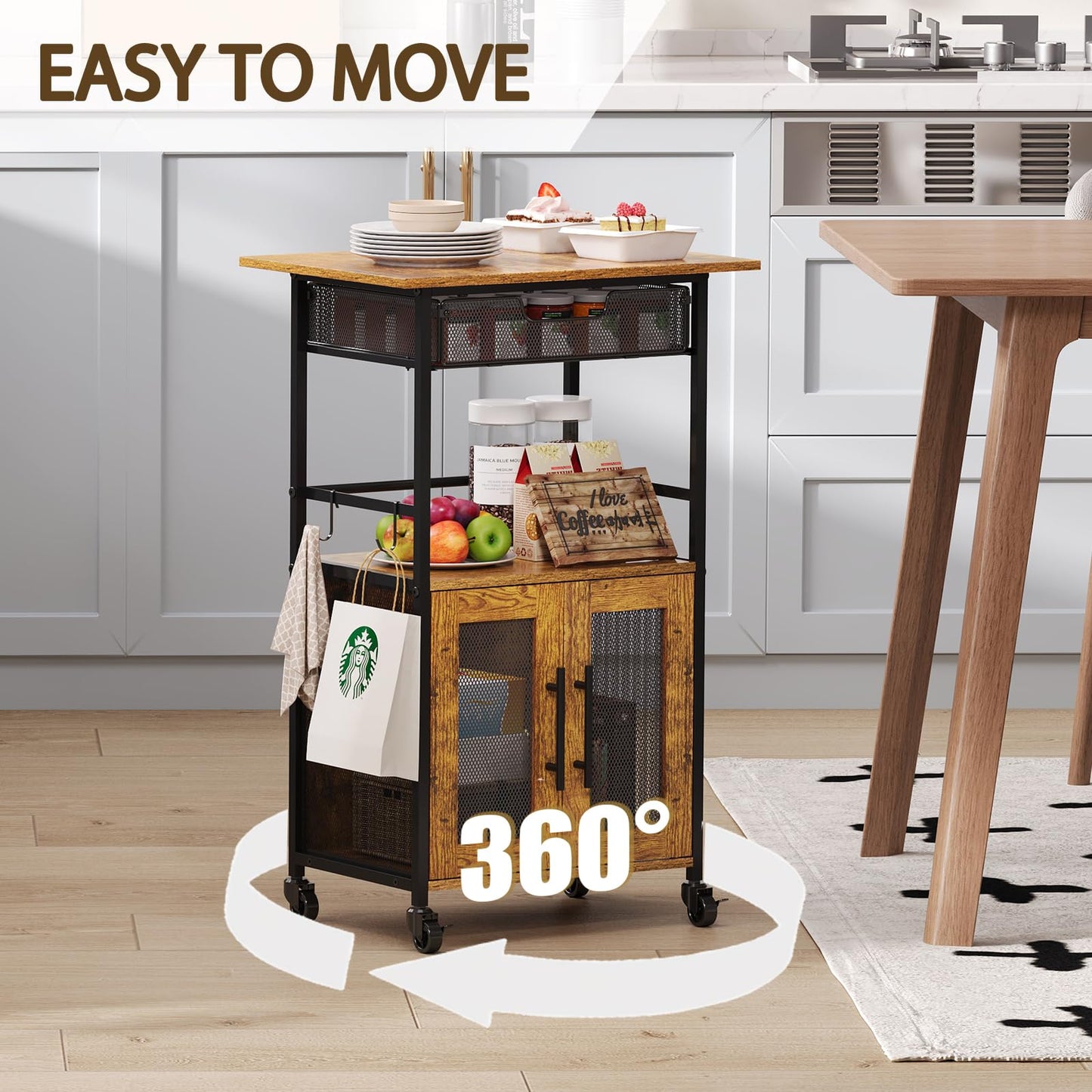 3 Tier Slim Rolling Coffee Cart with 2-Door & Pull-Out Wire Basket Drawer, Coffee Bar Cabinet on