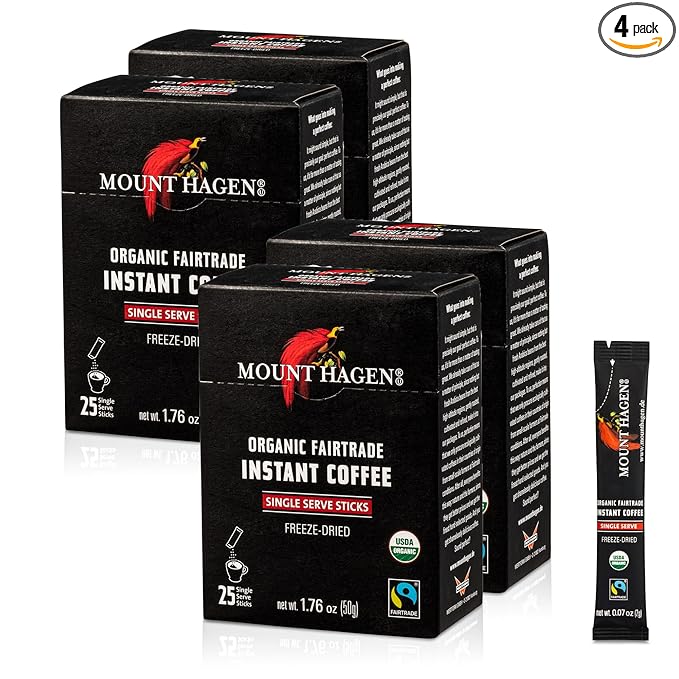 Mount Hagen 25 Count Single Serve Instant Coffee Packets - 4 Pack | Organic Medium Roast Arabica