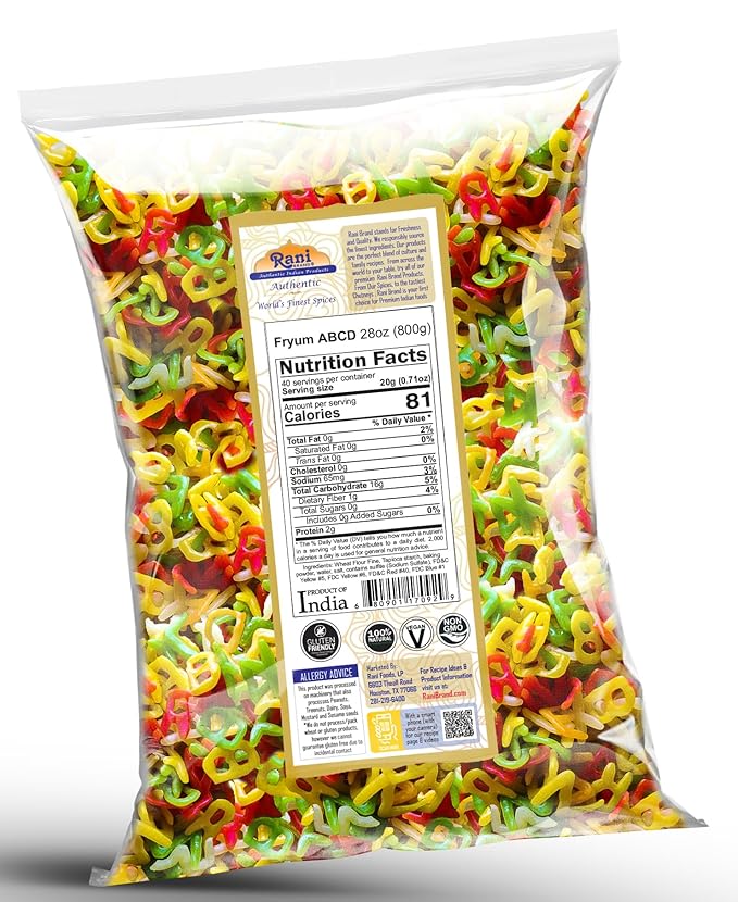 Rani Far Far / Fryums (Wheat & Tapioca Pellet) ABCD Shape 28oz (800g) ~ Vegan, Kosher, Uncooked