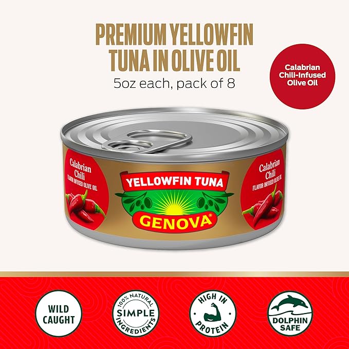 Genova Premium Yellowfin Tune in Calabrian Chili Infused Olive Oil, 5 Ounce Cans, 12-Pack