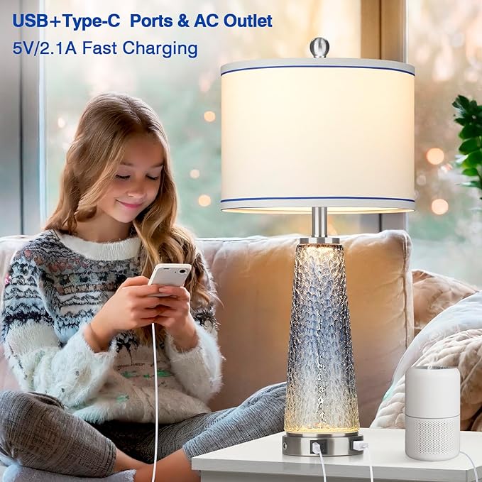 Coastal Glass Table Lamps for Living Room, 26" Table Lamps with USB A+C Ports & AC Outlet, Touch
