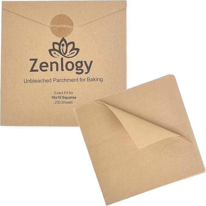 Zenlogy 10x10 Parchment Paper Squares (200 Sheets), Unbleached, High Heat, Non-stick, Pre-cut
