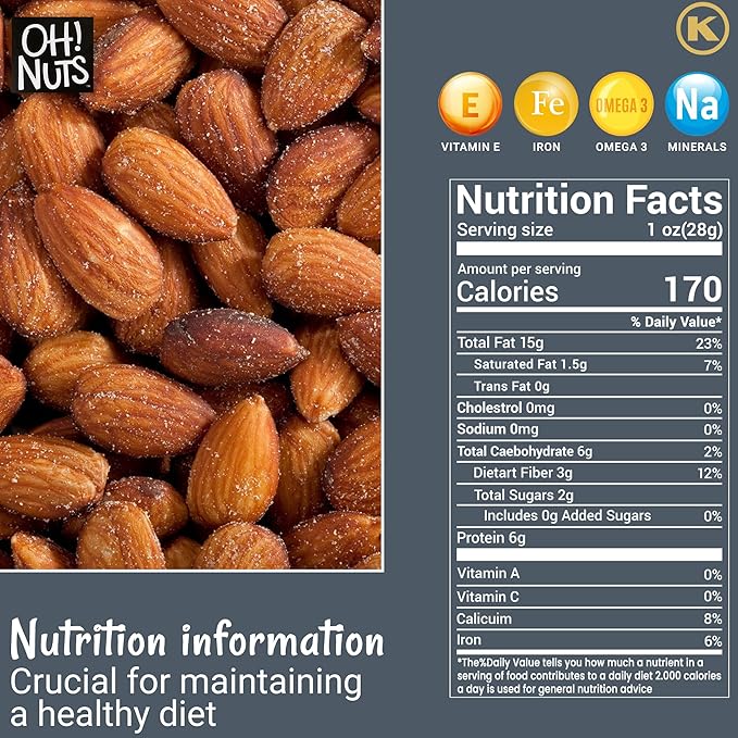 Oh! Nuts Almonds - Dry Roasted Salted - 1 lb - Freshly Oven Roasted and Salted Almonds - Packed in