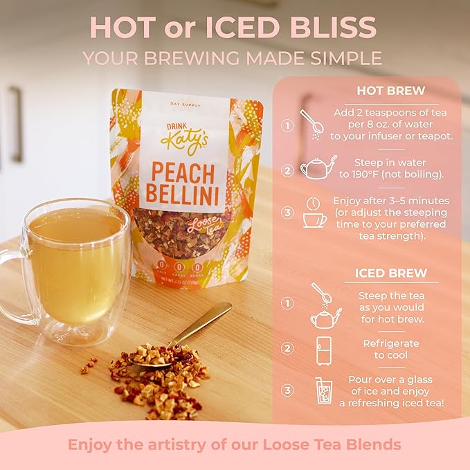 Katy?™s Peach Bellini Loose Leaf Tea | Fruity & Refreshing Light White Herbal Tea | Apple, Peach &