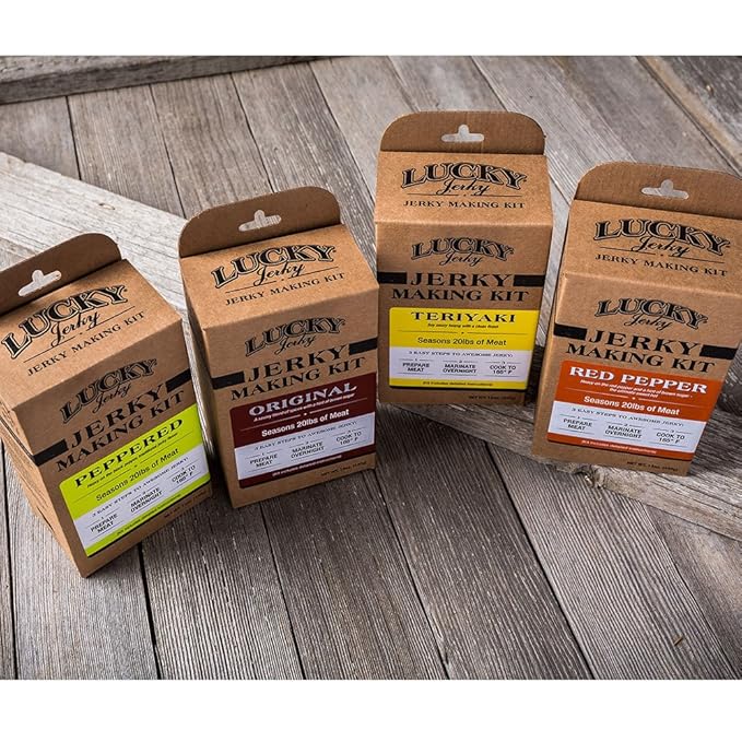 Lucky Jerky DIY Jerky Seasoning and Cure Kit 4 Pack - Original, Red Pepper, Teriyaki, Peppered