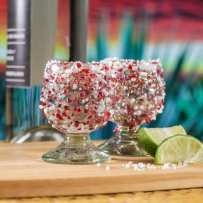 Authentic Mexican Tequila Shot Glasses (Set of 4) - Hand Blown 2oz Mini Snifters - Festive Red &