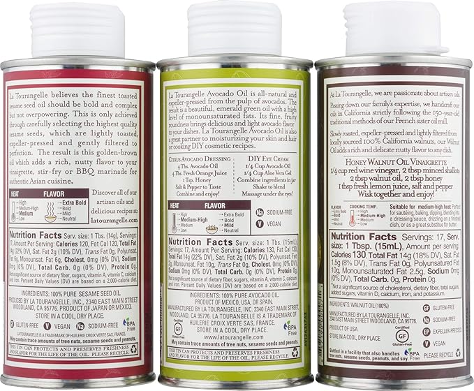 La Tourangelle, Favorites Trio of Oils - Roasted Walnut Oil, Avocado Oil, Toasted Sesame Oil, Gift