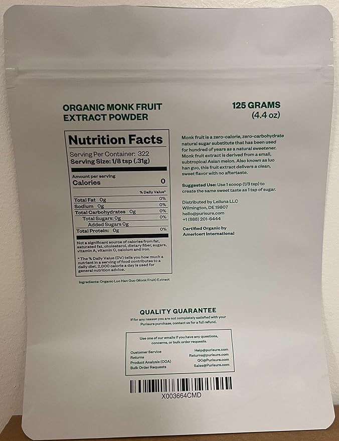 Organic Monk Fruit Sweetener, 125g (4.41oz), No Fillers Pure USDA Organic Monk Fruit Extract Powder