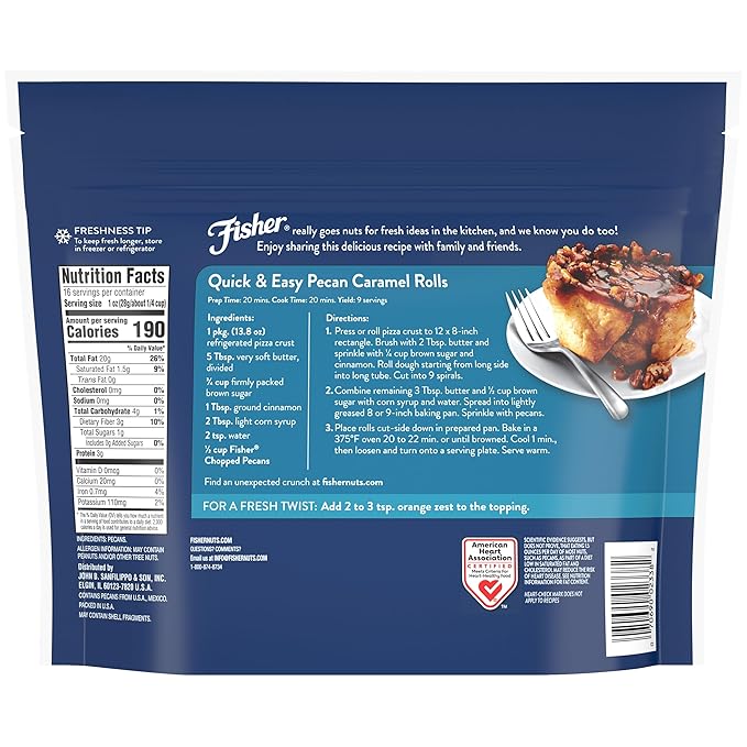 Fisher Chef's Naturals Unsalted Chopped Pecans 16 oz Resealable Bag, Unsalted Raw Nuts for Cooking